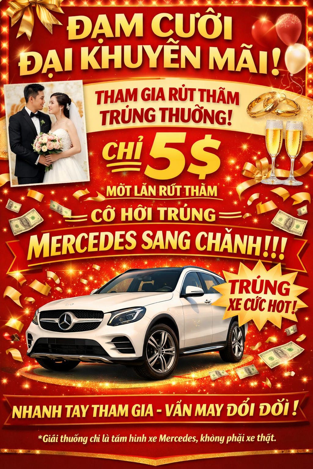 Wedding Grand Raffle — $5 per entry for a chance to win a Mercedes prize. Disclaimer: prize is a photo of a Mercedes, not a real vehicle.