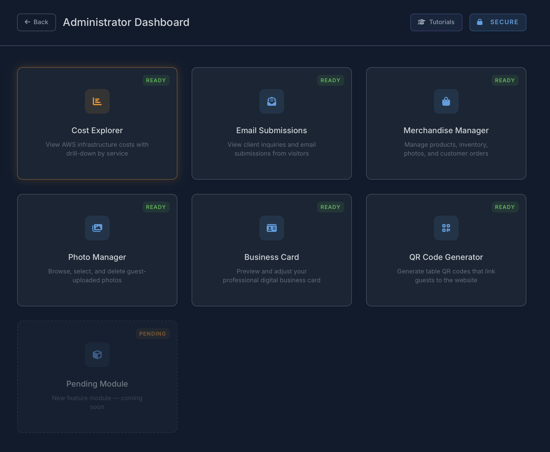 Administrator Dashboard — manage costs, emails, photos, merchandise, business cards, and QR codes from a single control panel.